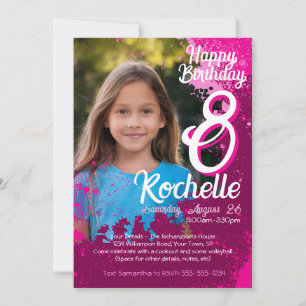 Invitation Pink Paint Splatter Photo 8e anniversaire Invitati