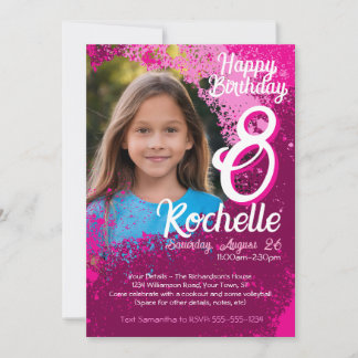 Invitation Pink Paint Splatter Photo 8e anniversaire Invitati