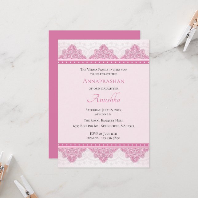 Invitation Pink Paisley Annaprashan | Cérémonie du premier ri (Devant/Arrière en situation)