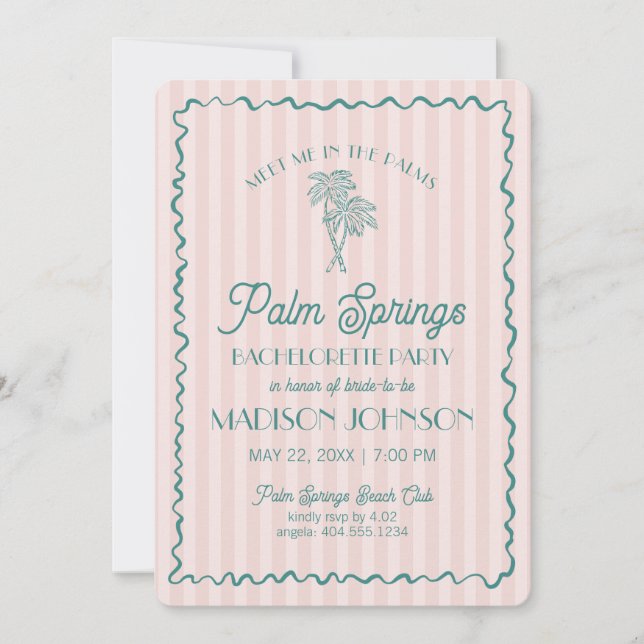 Invitation Pink Palm Springs Pastel Beach Bachelorette Party (Devant)