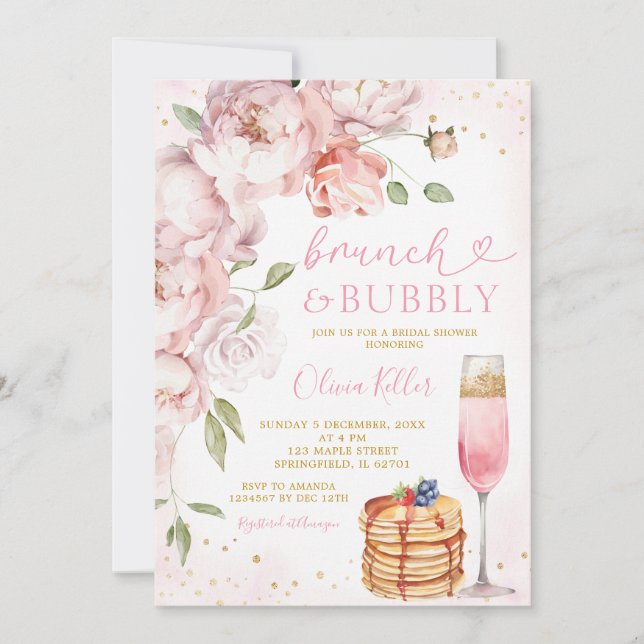 Invitation Pink Pancake Wine Brunch Fête des mariées Bubbly (Devant)