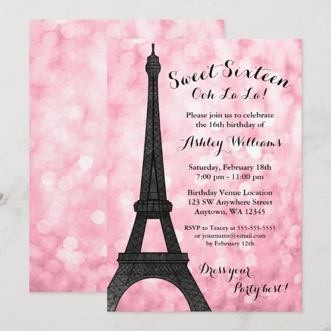 Invitation Pink Paris Bokeh Parties scintillant Lumières Swee (Devant / Derrière)