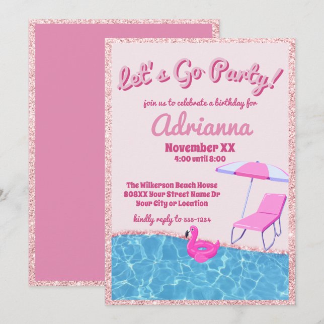 Invitation Pink Parties scintillant Beach Party (Devant / Derrière)