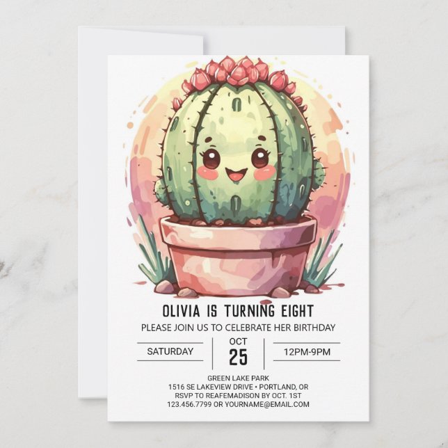 Invitation Pink Pastel Aquarelle Cactus Fille Anniversaire (Devant)