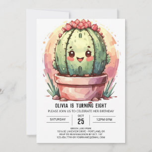 Invitation Pink Pastel Aquarelle Cactus Fille Anniversaire
