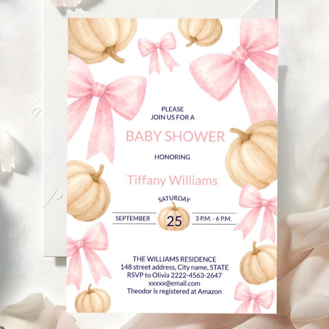 Invitation Pink Pastel Aquarelle ruban Citrouille arc (Pink bow little pumpkin girl baby shower invitation )