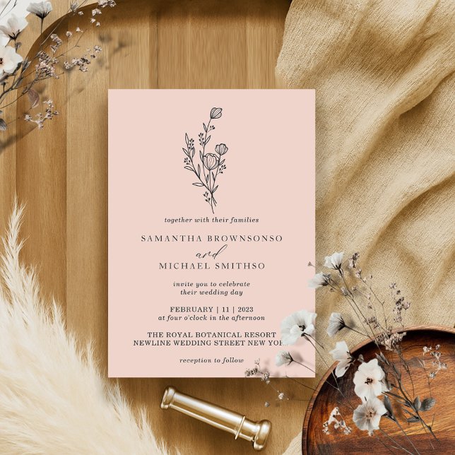 Invitation Pink Pastel Bouquet Boho Minimal Botanique (Créateur téléchargé)