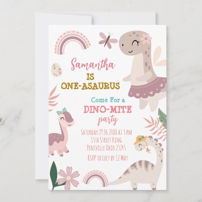 Invitation Pink Pastel Cute Dino Première fête d'anniversaire (Devant)