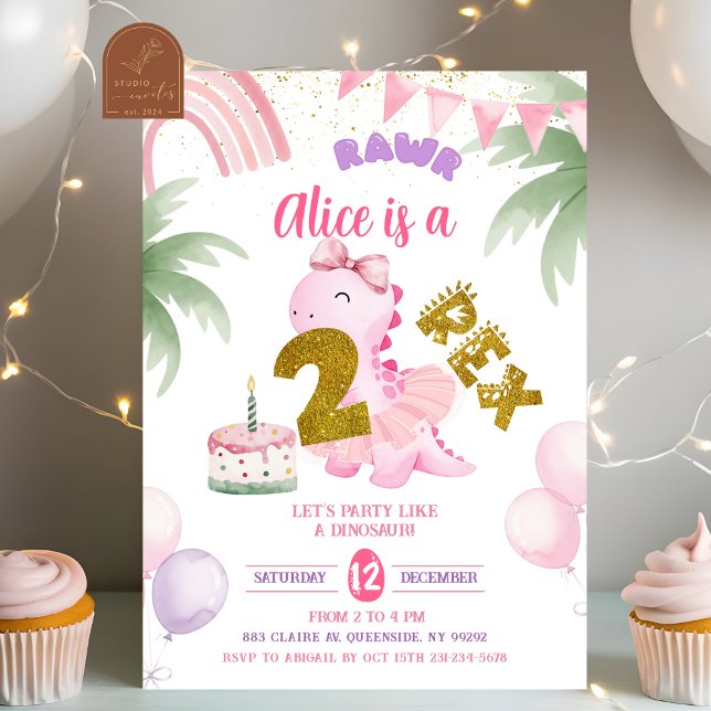 Invitation Pink Pastel Dinosaur 2-rex Rawr birthday (Créateur téléchargé)