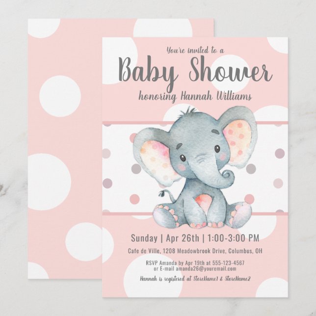 Invitation Pink Pastel Dots Baby shower Eléphant mignon (Devant / Derrière)