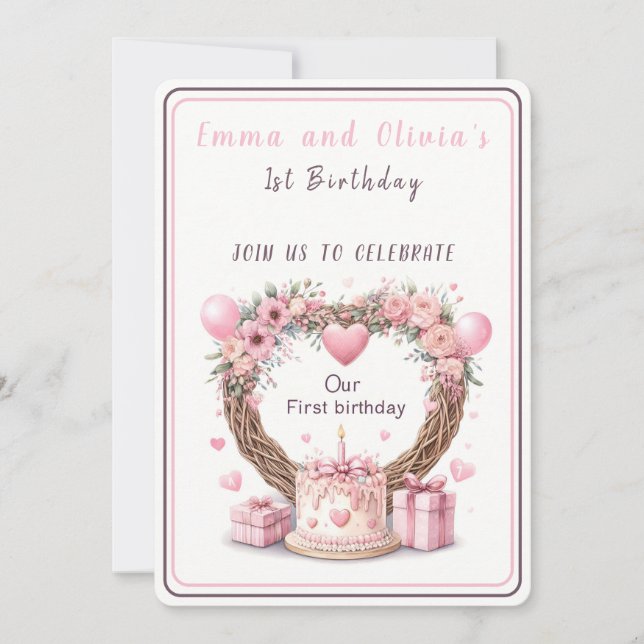 Invitation Pink Pastel Floral Wreath Twins Premier anniversai (Devant)