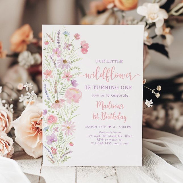 Invitation Pink Pastel Little Fleur sauvage Anniversaire (Créateur téléchargé)