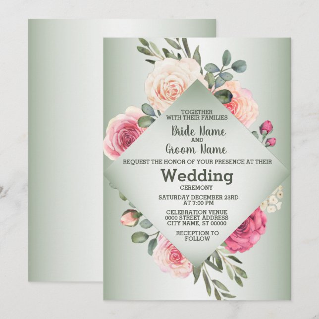Invitation Pink Peach Roses Rustic Green Geometric Wedding (Devant / Derrière)