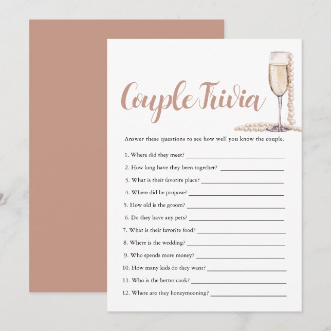 Invitation Pink Pearl & Prosecco Couple Trivia Bridal Game (Devant / Derrière)