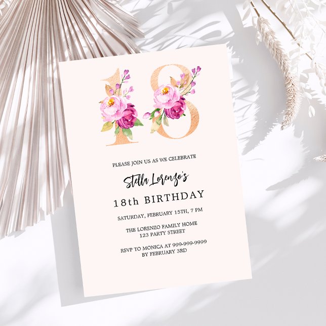 Invitation Pink pêche floral numéros or 18e anniversaire (Créateur téléchargé)