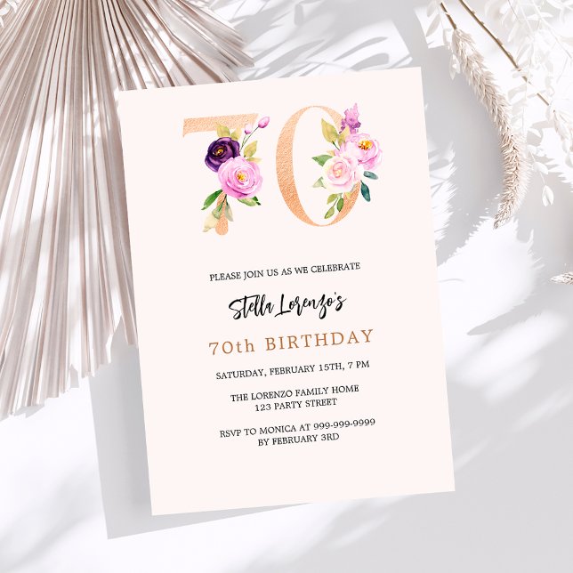 Invitation Pink pêche floral numéros or 70e anniversaire (Créateur téléchargé)