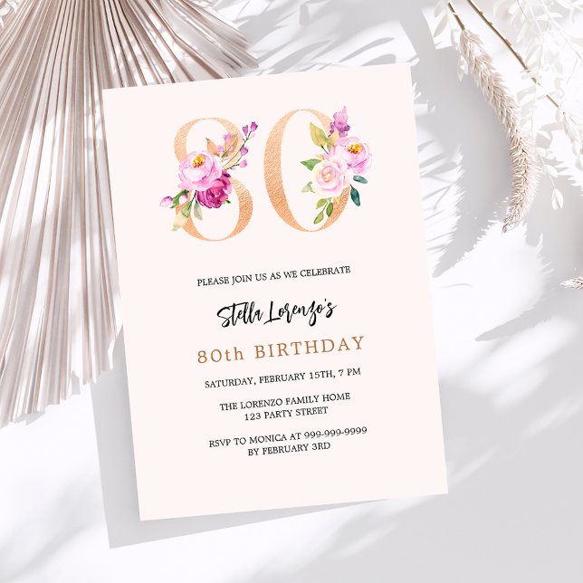 Invitation Pink pêche floral numéros or 80e anniversaire (Créateur téléchargé)