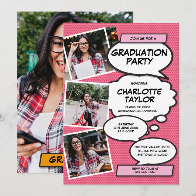 Invitation Pink Photo Collage Moderne Fun Graduation Party (Devant / Derrière)