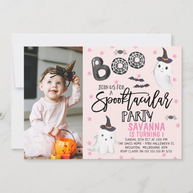 Invitation Pink Photo Ghost Spooktacular Halloween Anniversai (Devant)