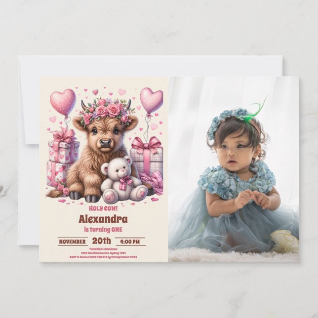 Invitation Pink Photo Holy Cow Highland 1er Anniversaire (Devant)