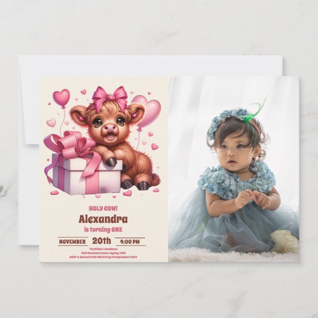 Invitation Pink Photo Holy Cow Highland 1er Anniversaire (Devant)