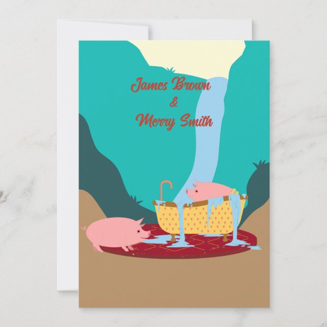 Invitation Pink Pigs Cascade Moquette Baignoire Mariage (Devant)