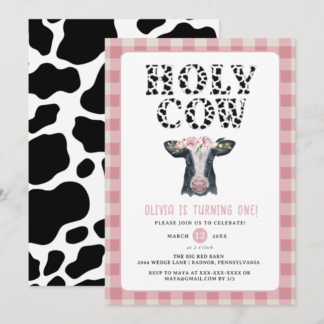 Invitation Pink Plaid Holy Cow Premier Anniversaire (Devant / Derrière)
