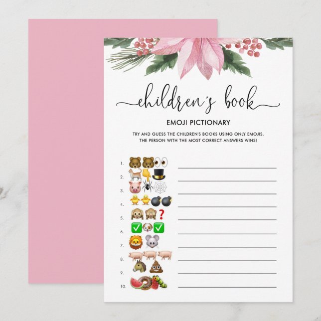 Invitation Pink Poinsettia Emoji jeu de Baby shower Pictionar (Devant / Derrière)