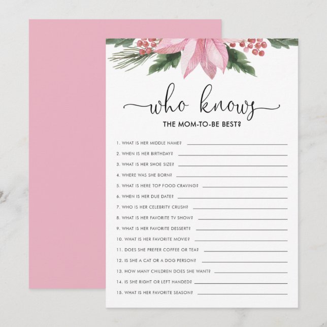 Invitation Pink Poinsettia qui connaît Maman Baby shower jeu (Devant / Derrière)