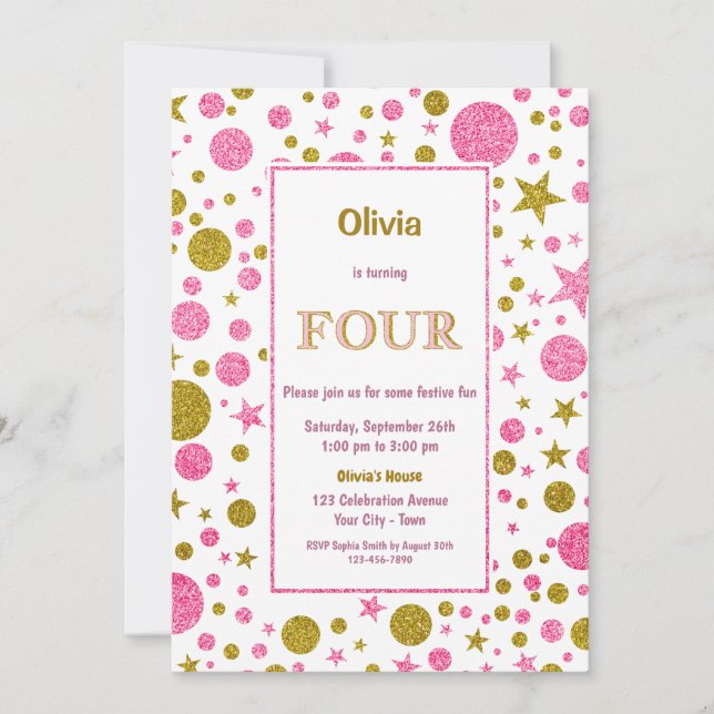 Invitation Pink Polka Dot 4e fête d'anniversaire (Devant)