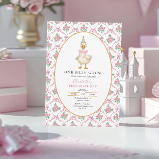 Invitation Pink Preppy One Silly Goose Bow 1st Birthday