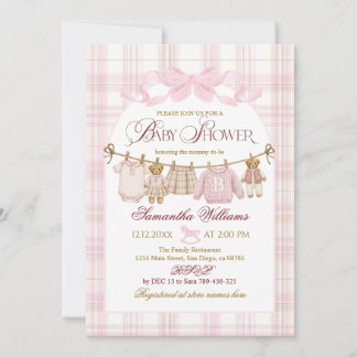 Invitation Pink Preppy Teddy Bear Girl Baby Shower Plaid Bow