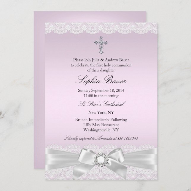 Invitation Pink Pretty Bow & Cross Holy Communion (Devant / Derrière)