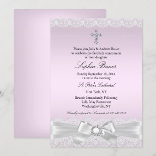 Invitation Pink Pretty Bow & Cross Holy Communion