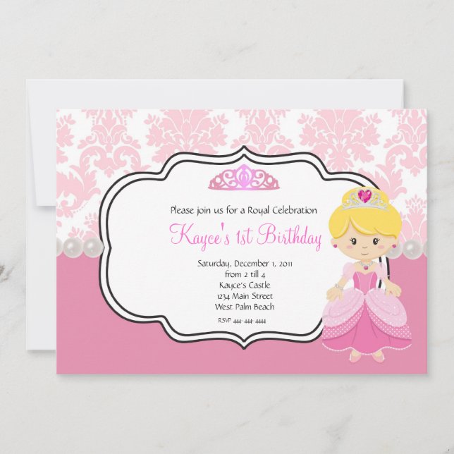 Invitation Pink Princess cheveux blonds Damask et perles (Devant)