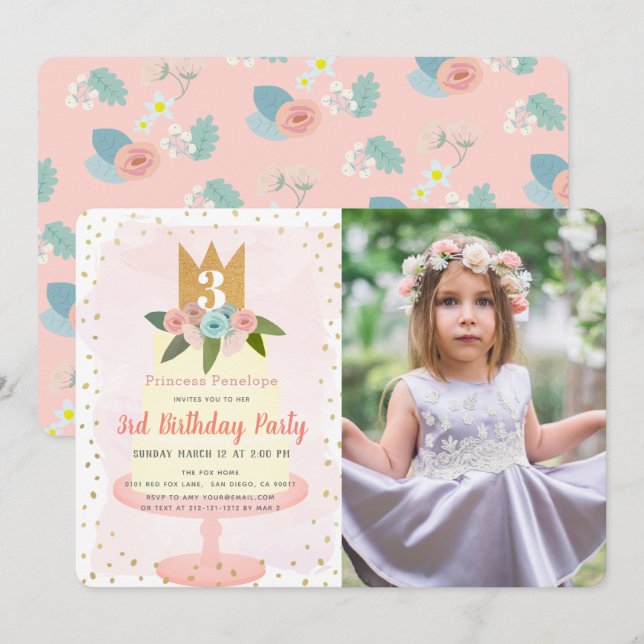 Invitation Pink Princess Floral Cake Girl Photo Anniversaire (Devant / Derrière)