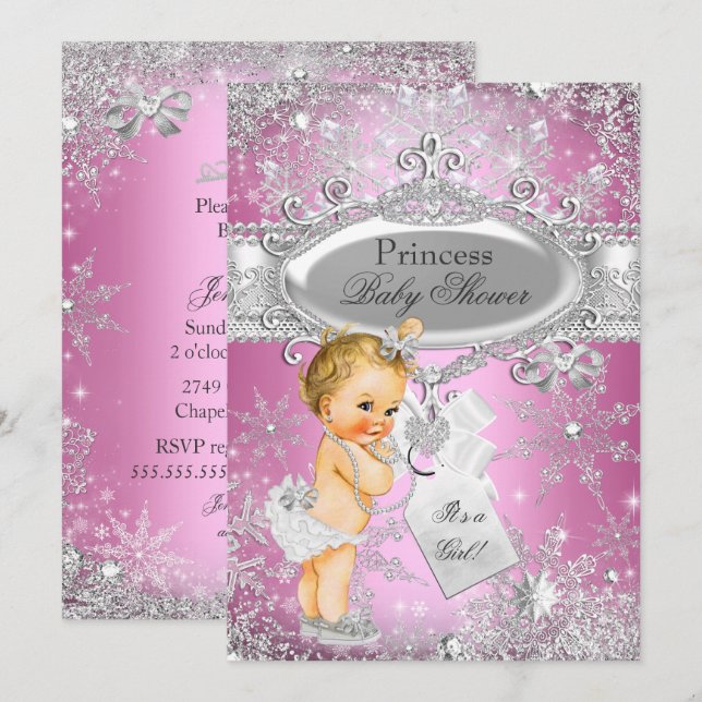 Invitation Pink Princess Winter Wonderland Baby shower Blonde (Devant / Derrière)
