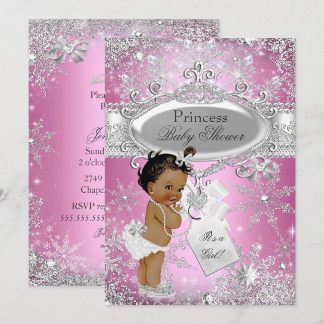 Invitation Pink Princess Winter Wonderland Baby shower ethniq (Devant / Derrière)