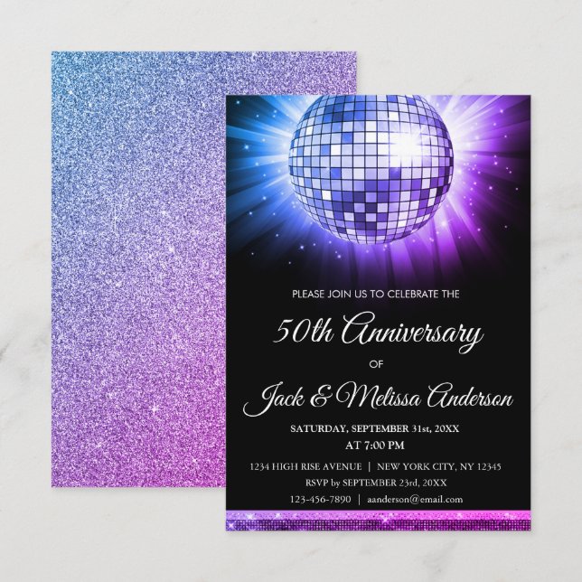 Invitation Pink Purple 50e anniversaire de la fête Disco Ball (Devant / Derrière)