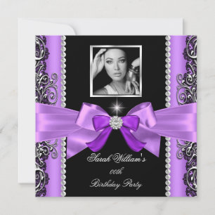 Invitation Pink Purple Bow fête d'anniversaire Black Silver P