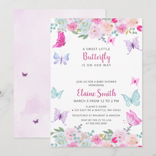 Invitation Pink Purple Butterfly Baby Shower  (Devant / Derrière)