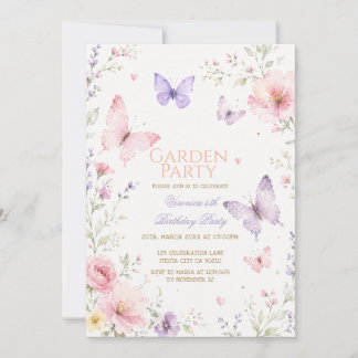 Invitation Pink Purple Butterfly Garden Party Birthday
