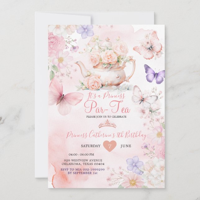 Invitation Pink Purple Butterfly Princess ParTea Birthday  (Devant)