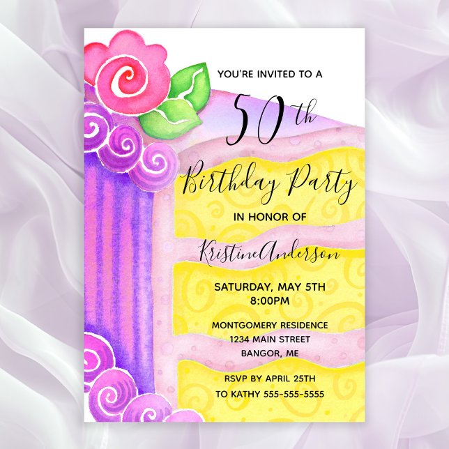 Invitation Pink Purple Cake Floral 50e fête d'anniversaire (50th Birthday Party Invitation for women with a piece of cake decorated with pink frosting and roses)