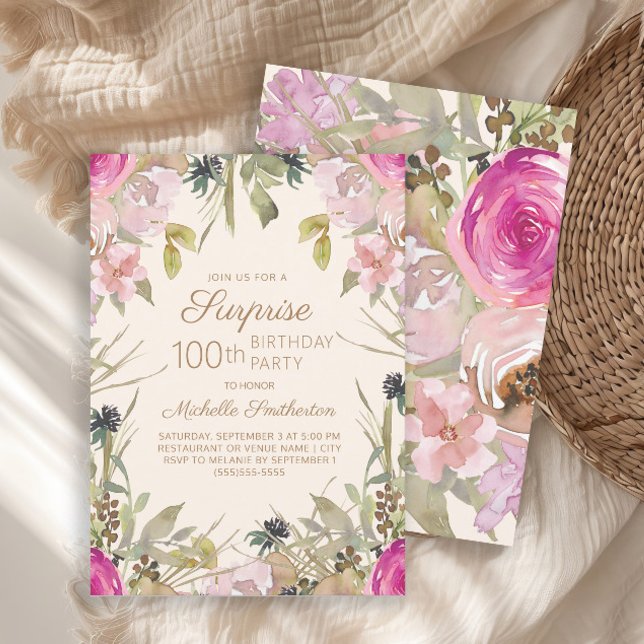 Invitation Pink Purple Floral Surprise 100e anniversaire (Elegant pink watercolor floral and sage green leaves Surprise 100th birthday party invitation)