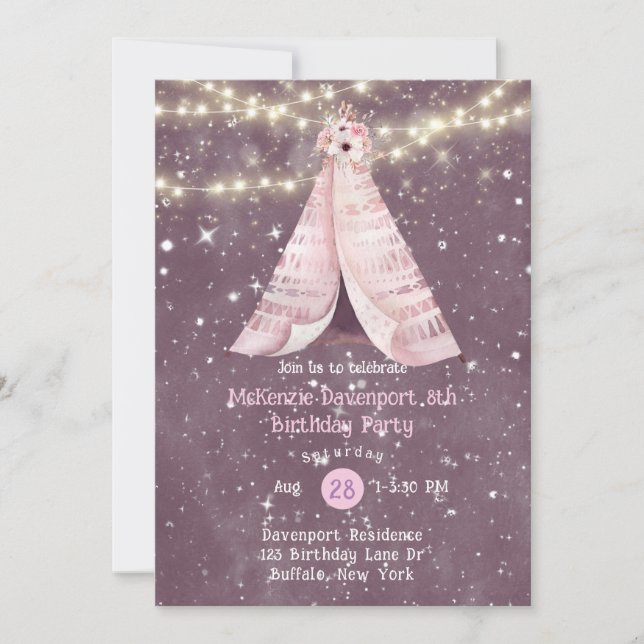 Invitation Pink Purple Floral Tee Pee Girl Anniversaire Fête  (Devant)