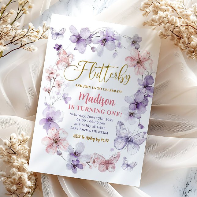 Invitation Pink Purple Flutterby Floral Butterfly Anniversair (Créateur téléchargé)