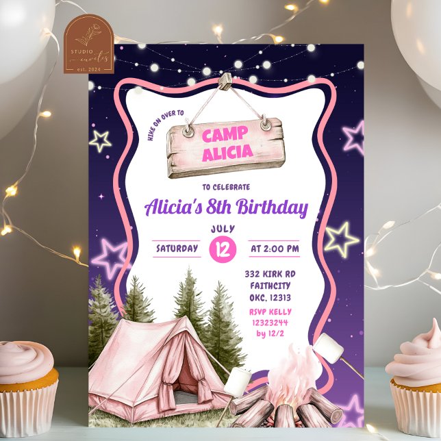 Invitation Pink Purple Girl Camping Birthday  (Créateur téléchargé)