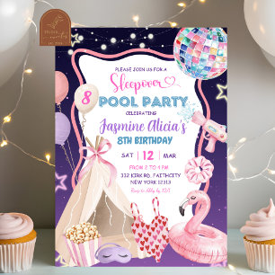 Invitation Pink Purple Girl Sleepover Pool Party Anniversaire