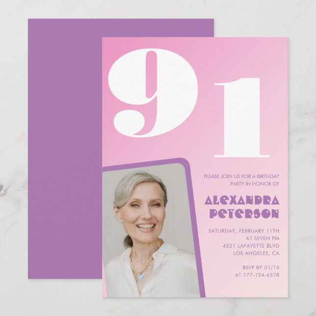 Invitation Pink Purple Gradient Photo 91e anniversaire (Devant / Derrière)